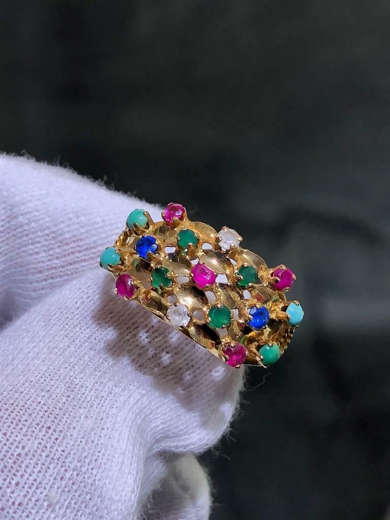 14k Solid Yellow Gold Ruby & Multi Gemstone Hand … - image 10