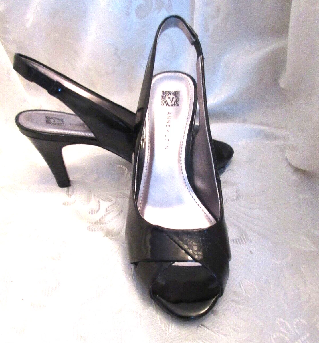 ANN KLEIN BLACK PATENT LEATHR SLINGBACK Pumps PEEP TOE MULES