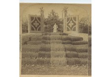 OUTDOOR GARDEN, LITTLE GIRL W/ HAT AT TOP OF STEPS - VINT STEREOVIEW PHOTOS