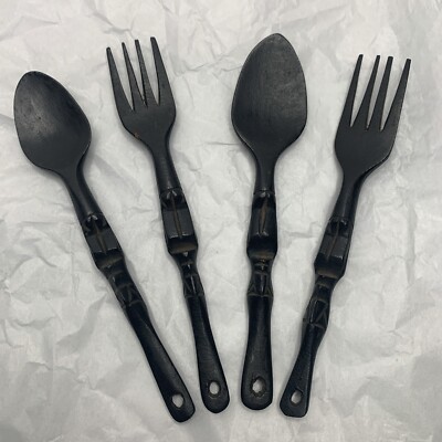 Hand Carved Wooden Spoons Forks Made In Philippines Vintage 1950s Souvenir 5''