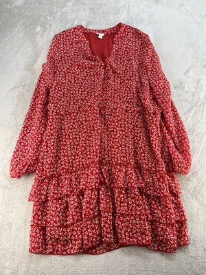 Cato Floral Tiered Dress Womens XL Red Flutter Long Sleeve V-Neck