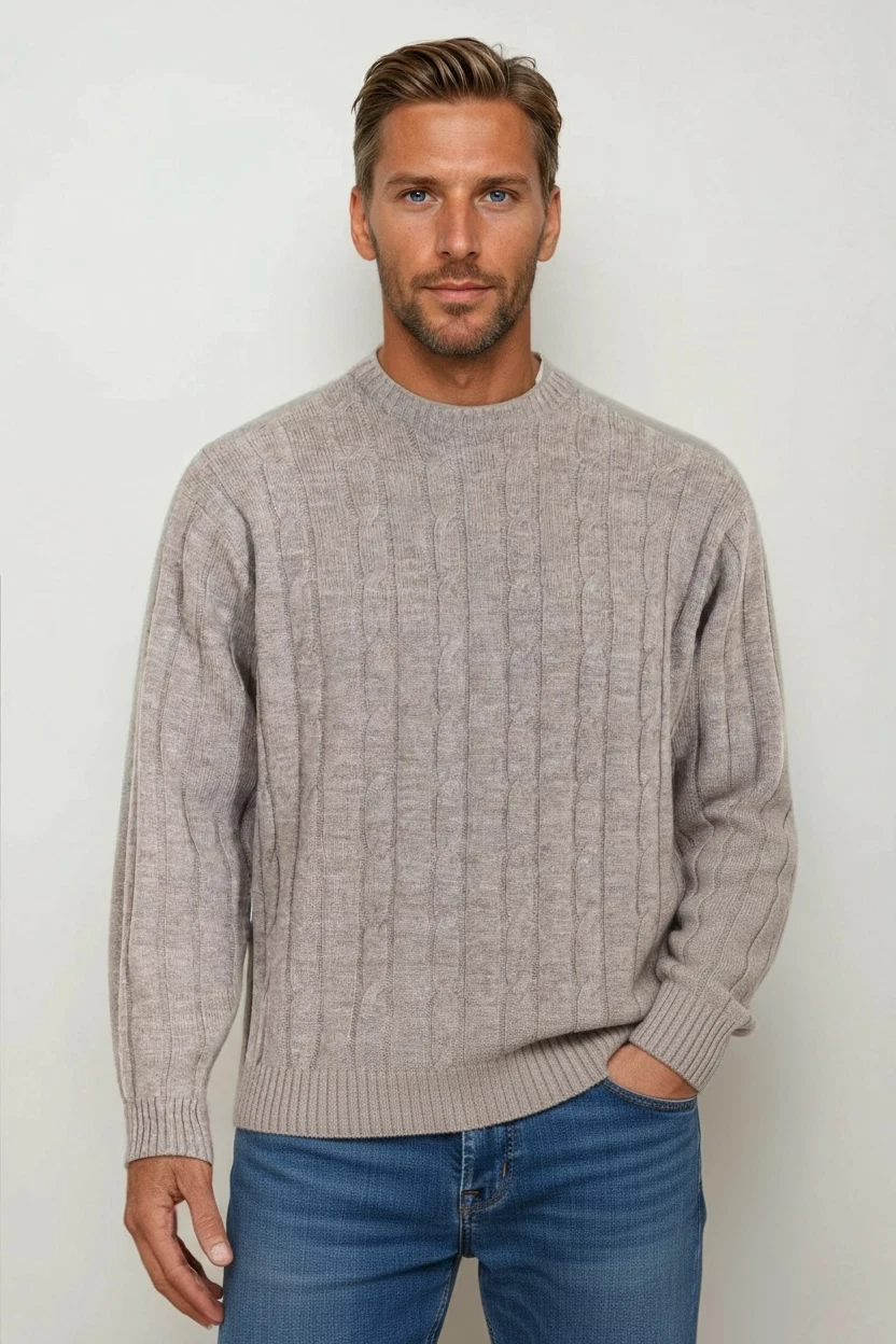 Ansett Pure Wool Cable Knit Crew Neck Jumper Sweater Knitwear Sable Beige Cream
Opens in a new windo
