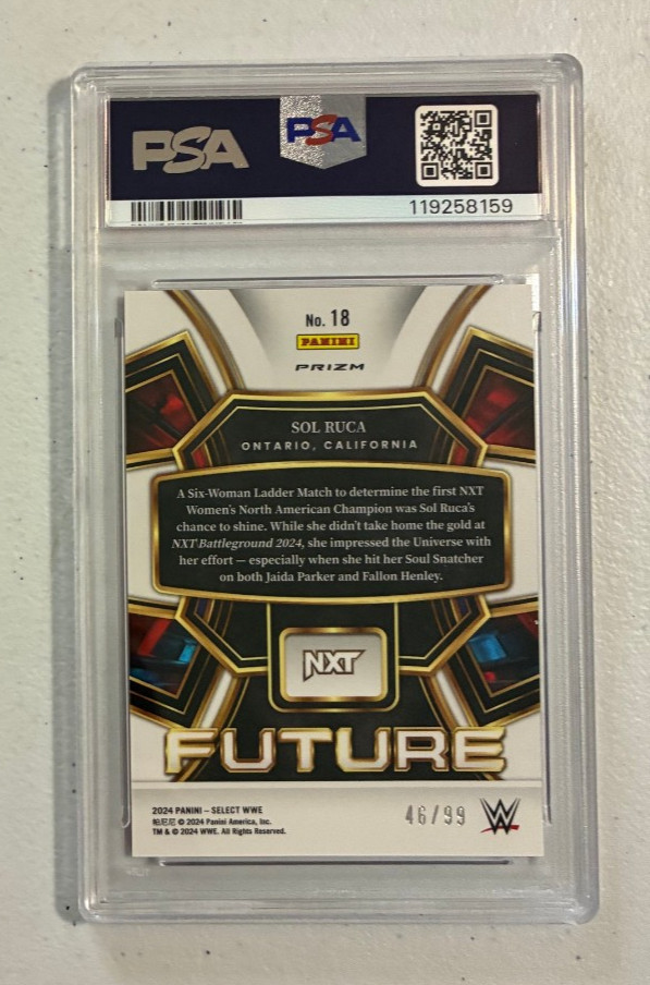 2024 Select WWE Sol Ruca #18 Future Red Prizm #46/99 PSA 10 Card view 2