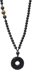 Triple Protection Black Obsidian Necklace - Pixiu Amulet Tiger Eye Lava Rock Bea