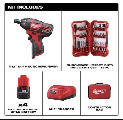 Milwaukee M12 12V Lithium-Ion Cordless 1/4 In. Hex Screwdriver Kit