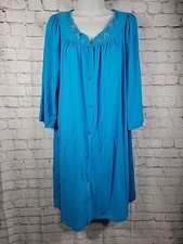 Miss Elaine Blue Nylon Robe House Coat Sz L Button Front Pocket Embroidered