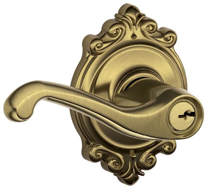 Schlage F51-FLA-BRK Brass Single Cylinder Keyed Entry Door Lever in Flair Style