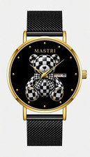 MASTRI Quartz Watch Teddy Bear Day/Date Black Dial Gold-Tone Mesh Band
