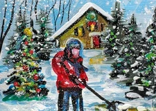 ACEO Original PAINTING man Snow Shoveling Winter XMAS HOUSE Tree Landscape ART