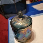 VINTAGE CANDY BOWL WITH LID BLUE CARNIVAL GLASS.                          IN BOX