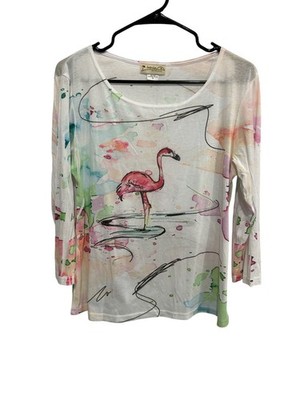 Impulse California Flamingo Print 3/4 Sleeve Top Sz Medium Scoop Neck Beach