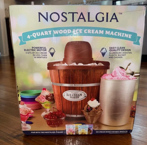 Nostalgia Electric 4-Quart Wood Bucket Ice Cream, frozen yogurt Maker NEW