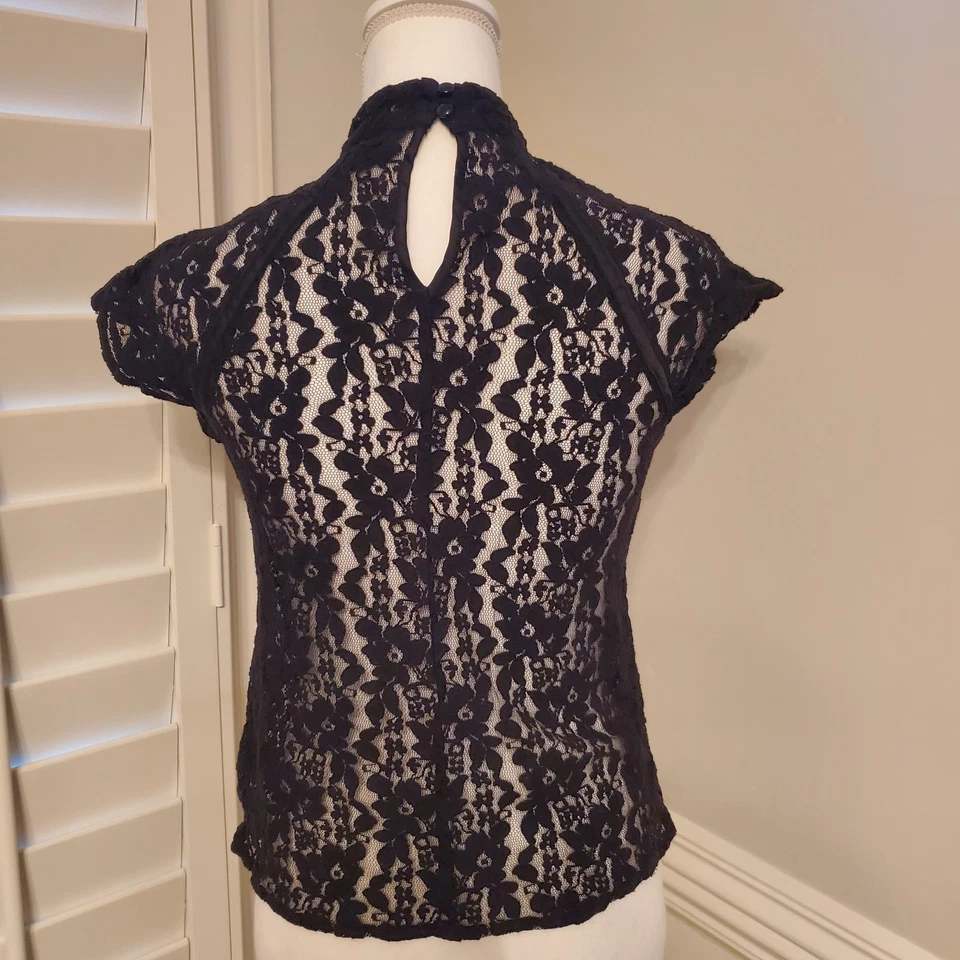 Nicole Miller Y2K Black Lace High neck Sheer Whimsy Goth Grunge Top Blouse Sz XS - Image 2 of 4