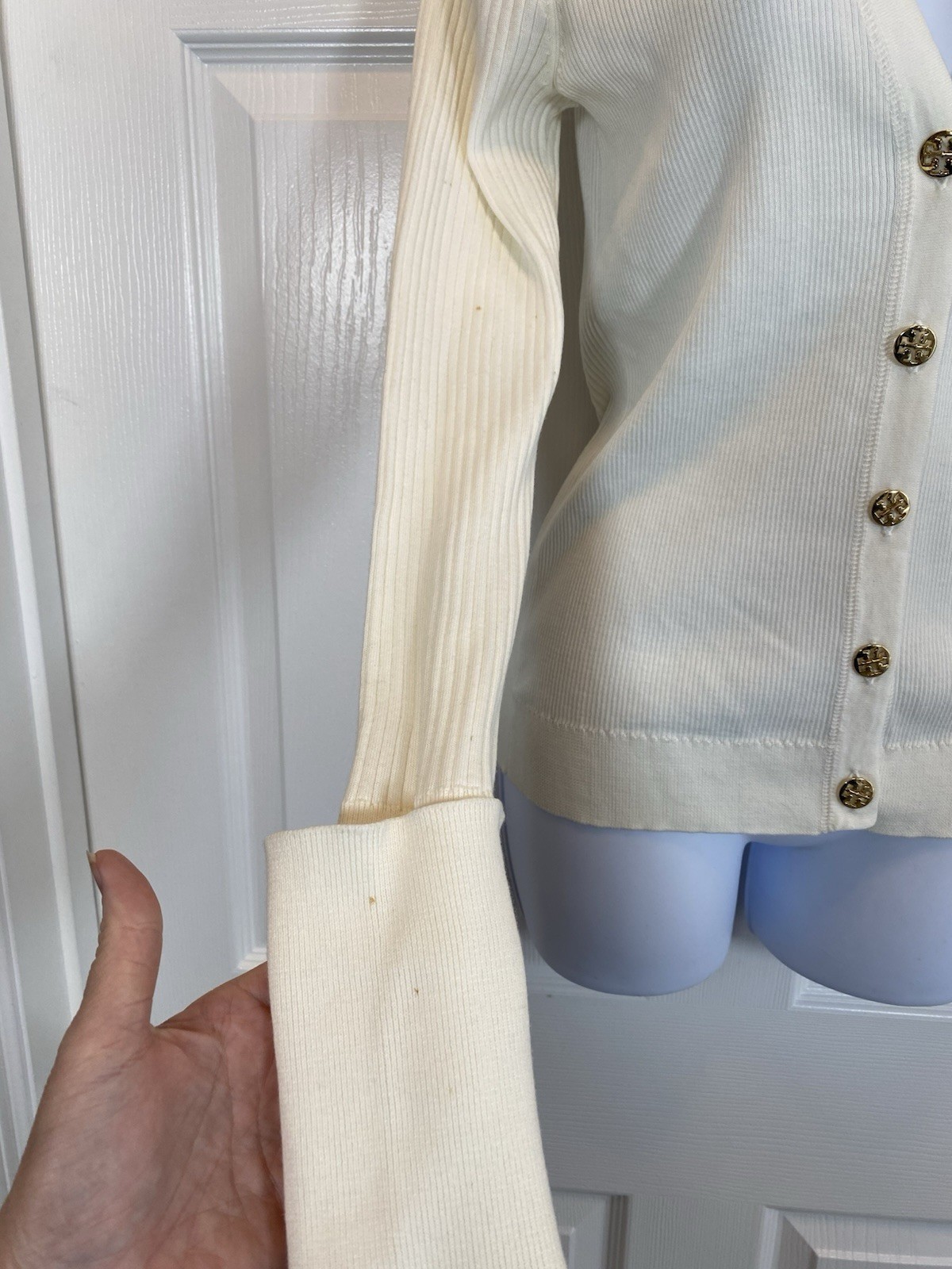 Tory Burch Shrunken Simone Cardigan Sweater Ribbed Cotton Gold Logo Buttons Sz S thumbnail 10