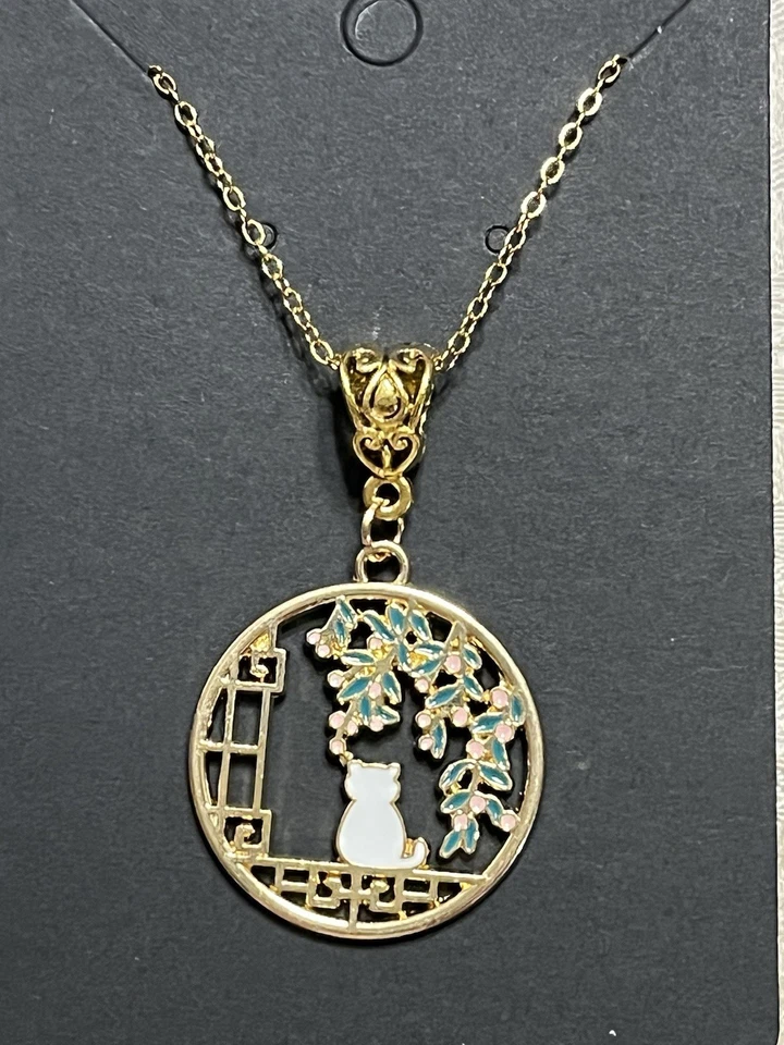 Collar de Oro Colgante Esmalte Floral Gato Bohemio Novedad Moda Collar Foto 2 de 2