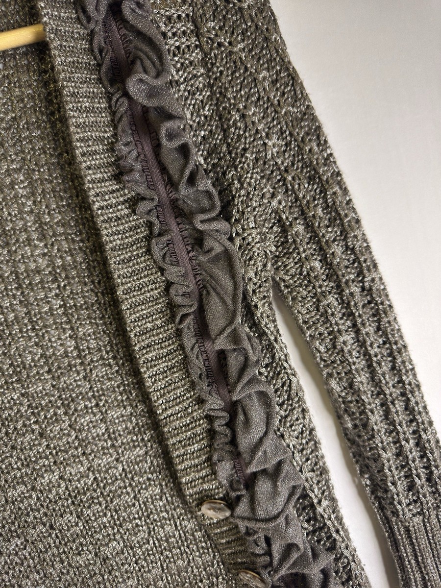 BKE Boutique Ruffle Trim Knit Cardigan Metallic Thread Button Front Brown Boho M View 2