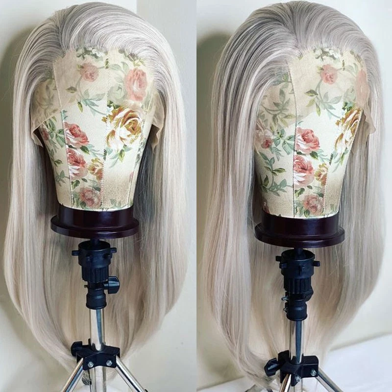 Peluca larga recta HD frontal de encaje plateada suave cabello sintético resistente al calor Foto 3 de 4