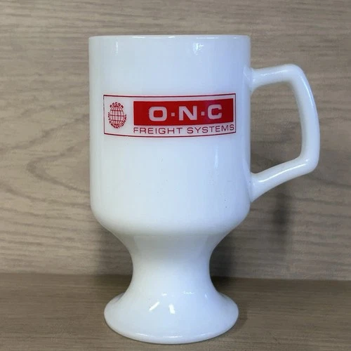 ROCOR INTERNATIONAL ONC FREIGHT SYSTEMS TRUCKING Milk Glass Pedestal Mug Vtg Red