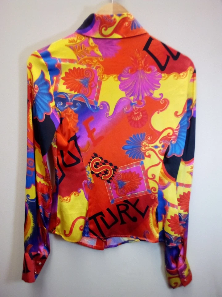Camisa De Colección Versace Y2k Seda Estampado Completo Arte Abstracto Abotonada Para Mujer Pequeña Foto 2 de 3