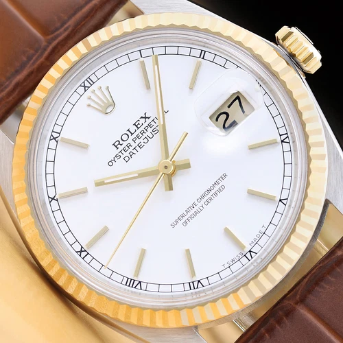 ROLEX MENS DATEJUST 16013 WHITE DIAL 18K GOLD STEEL WATCH w/ BROWN LEATHER BAND