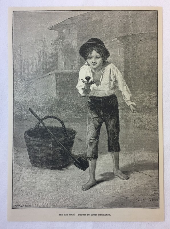 1886 magazine engraving ~ BOY WITH A TOP SPINNING IN HIS HAND