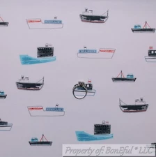 BonEful FABRIC FQ Cotton Quilt VTG White Aqua Blue Navy Sea Ship Shrimp Boat Boy