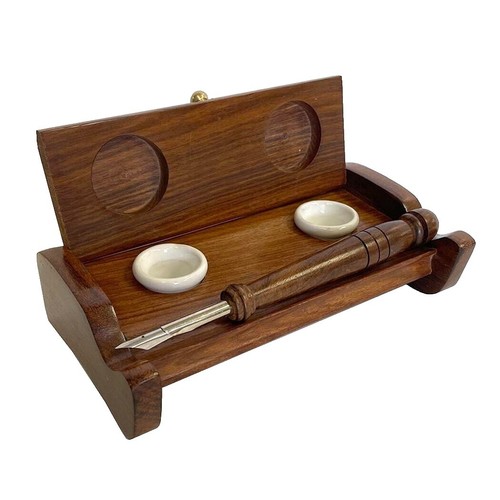 Wood Box with White and Black Feather Quill Nib Pens Inkwell and