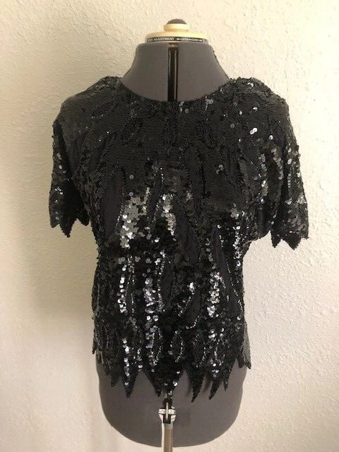 Vintage Henbo Black Sequin Bead Mesh Blouse- S/M