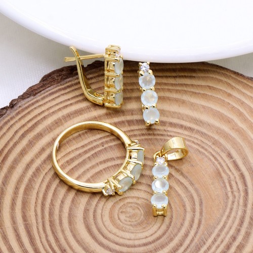 Aqua Chalcedony & CZ Ring Earrings & Pendant Jewelry Set 14k Yellow Gold Plated - Picture 2 of 15