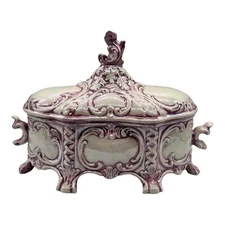 Victorian Ceramic Covered Iridescent Rose Pink Trinket Dish Vanity Home Decor