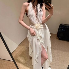Summer Elegant Women's Flower Hanging Neck Dress Long Skirt Vacation Fairy Dress
