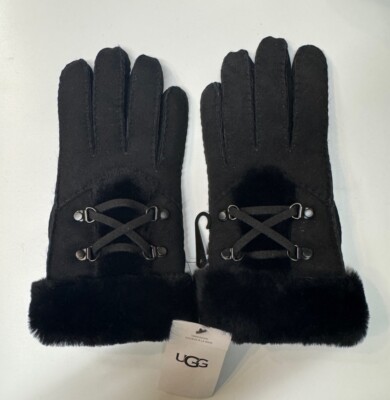 UGG  Black Sheepskin Gloves Large  Shearling Fur Corset Laced  Women s NEW