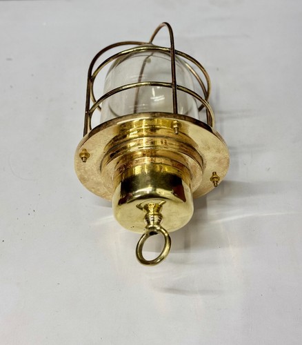 Vintage Old Brass Bulkhead Pendant - Mid-Century Nautical Ceiling Hanging Light - Picture 10 of 11