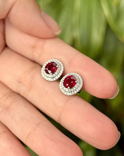 Oval Cut 2.65Ct Natural Red Ruby Diamond Lovely Earring Stud 14K Real White Gold - Picture 3 of 9