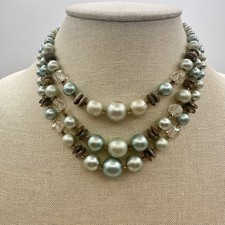 Vintage Y2K Multi Strand Faux Pearl Beaded Gold Tone Necklace Statement Jewelry