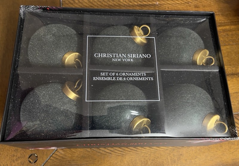 Christian Siriano Flocked  Holiday Ornaments 3” Set of 6 New Dark Green
