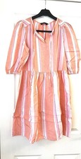 M&S Collection Striped Boho Chic Dress Coral Mix Linen Blend Ladies size 10