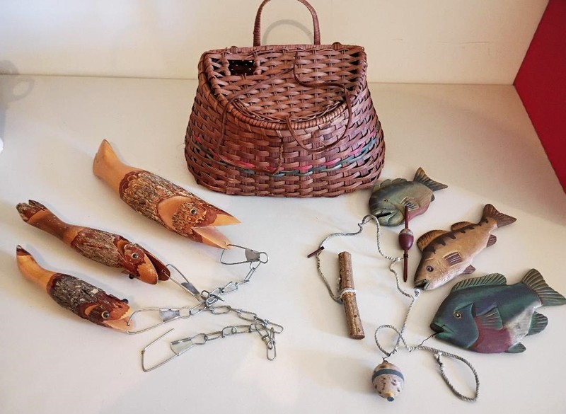 Hand carved Fish on Stringers With Creel Basket and Lures / Decor / Cabin