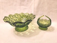 L.E. Smith Green Glass Moon & Stars Lot Large Footed Bowl + Footed Candy Dish