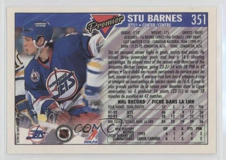 1993-94 O-Pee-Chee Premier Stu Barnes #351 - Image 2 of 2