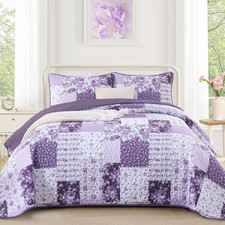 Purple Quilt Set King Size, Boho Floral Plaid Bedspread Coverlet Set, Patchwork