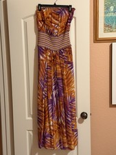 BCBG MAXASRIA 100 SILK STRAPLESS,SMOCKED WAIST PALM LEAF PRINT MAXI DRESS SMALL