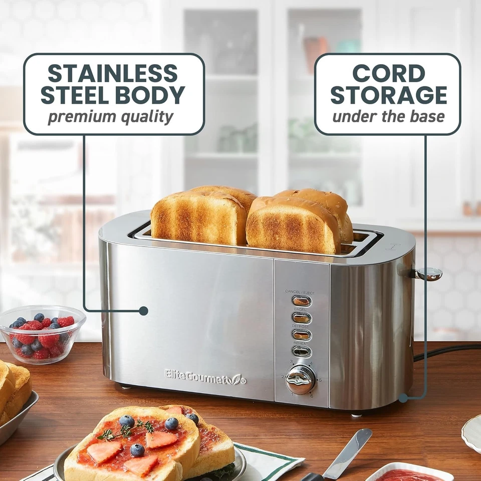Elegant 4-Slice Long Slot Toaster with Extra Wide 1.5" Slots - Stainless Steel - Image 4 of 4