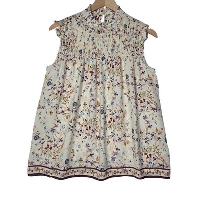 Max Studio Womens Small Floral Smocked Mock Neck Sleeveless Blouse New