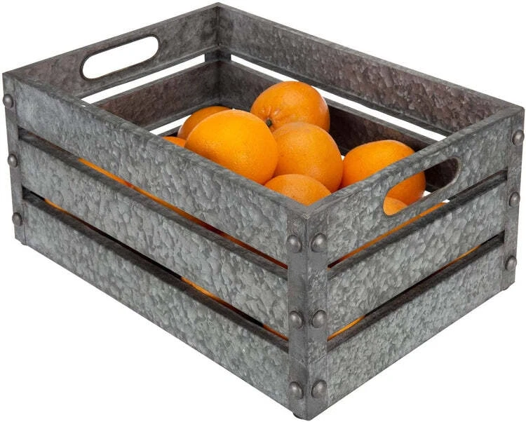 16-inch Silver Galvanized Metal Storage Crate w/ Vintage Corner Studs & Handles - Image 4 of 4