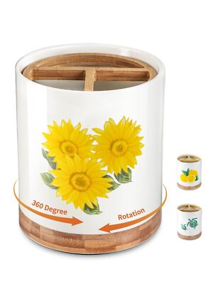 Sunflower Kitchen Utensil Holder 7.6'' Extra Large 360 Rotating 3 Compartment