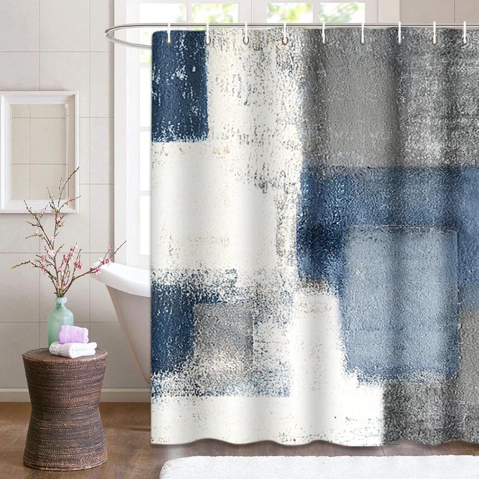 Cortina de Ducha Gris Contemporánea Azul y Gris Pintura Abstracta Interior Blanco Foto 3 de 4