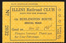 Illini Railroad Club 1964 Burlington Special Train Ticket #2032 Bloomquist*