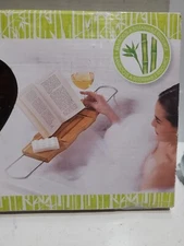 Bamboo Bath Tub Tray Table Caddy Over The Tub Shelf w/Wine Glass Tablet Holder
