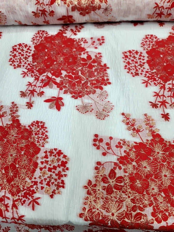 VESTIDO de novia rojo floral brocado tela por yarda blanco organza moda graduación Foto 3 de 4